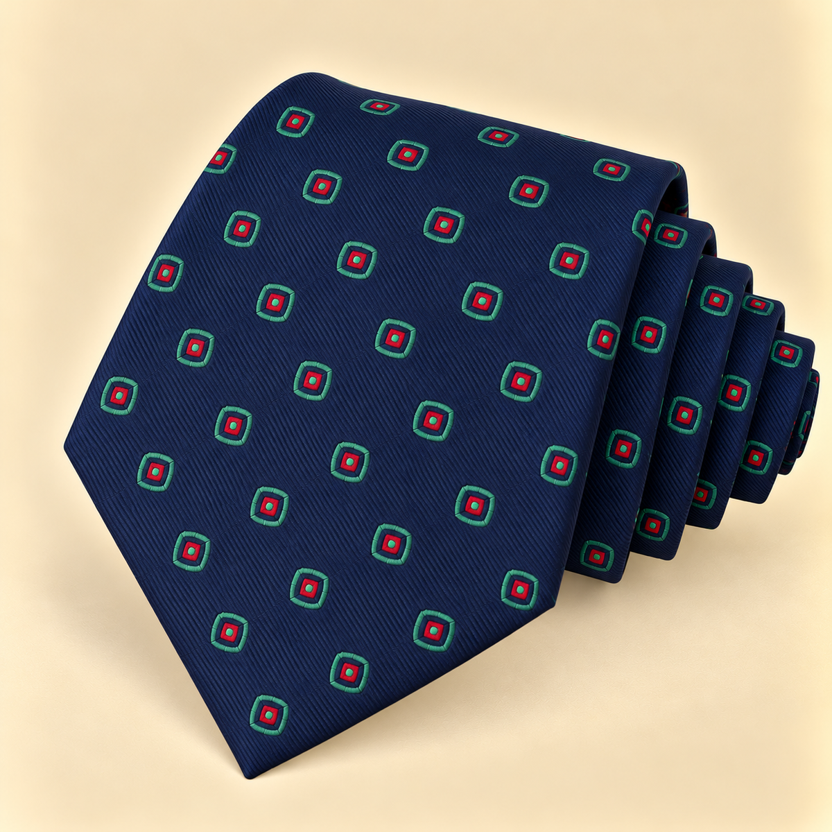 Corbata Azul Marino con Motivos Geométricos Verdes y Rojos