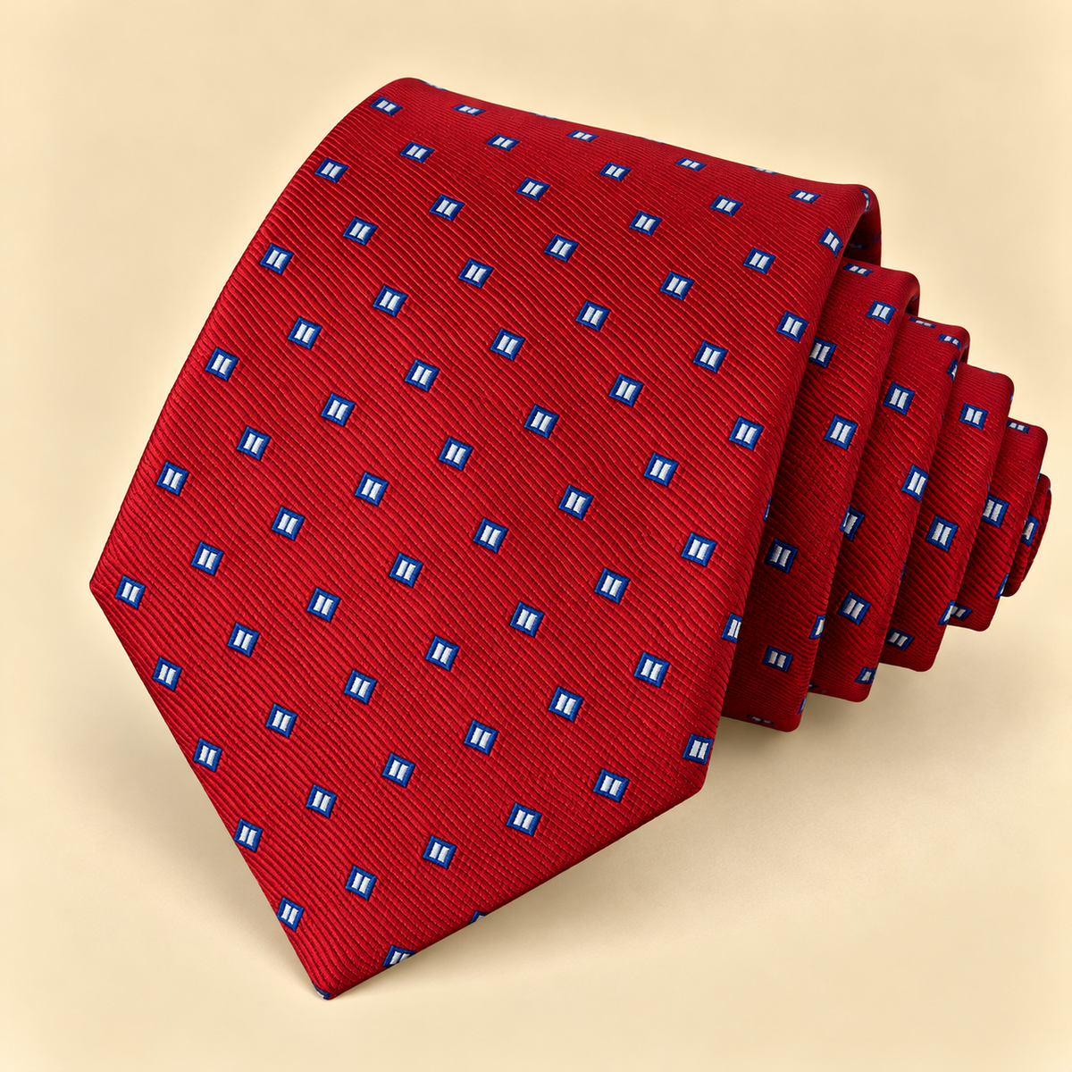 Corbata Roja con Motivos Geométricos Azules y Blancos
