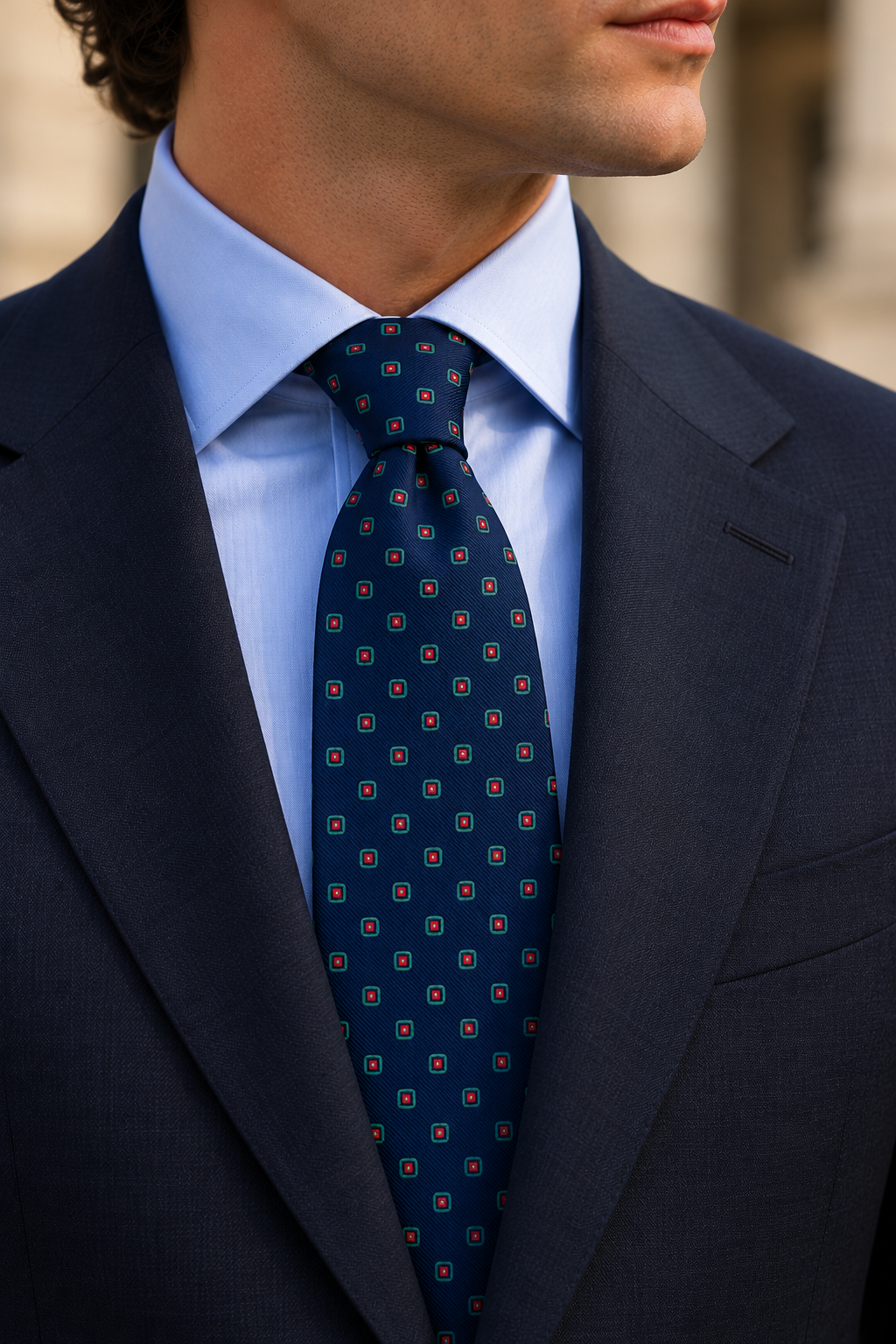 Corbata Azul Marino con Motivos Geométricos Verdes y Rojos